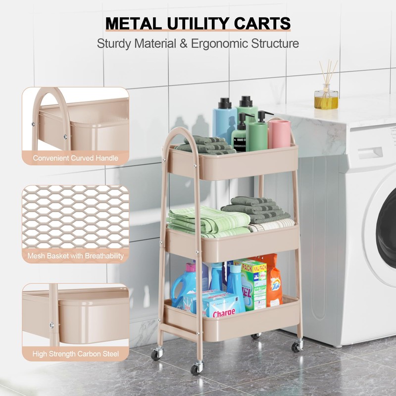 EAGMAK 3 Tier Utility Rolling Cart, Metal Storage Cart with