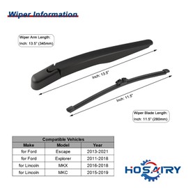 HOSAIRY Rear Wiper Blade Arm Set for Ford Explorer 2011-2023, for Ford Escape 2013-2023, for Lincoln MKX 16-18 and MKC 15-19 Rear Windshield Wiper Set, Replaces OE# BB5Z17528A, BB5Z17C526A, BB5Z17526C