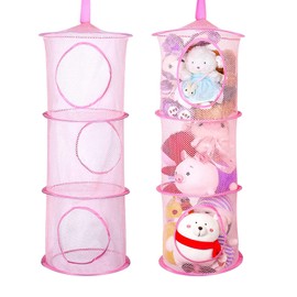 2 Pcs Guardar Peluches, Bolsa de Almacenamiento de Juguetes, Almacenamiento por Niveles, Almacenamiento Plegable, Cestas Almacenamiento Malla para Colgar en Habitación Los Niños (Rosa)