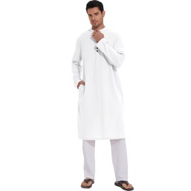 YAOHUOLE Men's Kurta Abaya Abaya Thobe Arabic Nightshirts Pajama Gown White L