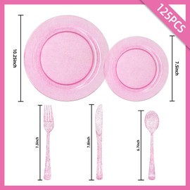 joy akkess 125 Pcs Hot Pink Plastic Plates with Pink Plastic Silverware include 25 Dinner Plates 10.25”, 25 Dessert Plates 7.5”, 25Forks, 25 Knives, 25 Spoons for Birthday, Wedding, Bridal Shower …