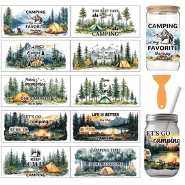 arricraft 10 Stück Camping Themenbecher Druck UV Transferpapier 10 Stil Lagerfeuer Wohnwagen Wald Geeignet Für Outdoor Wanderungen PVC DIY Wärmeübertragungsaufkleber Für 16 OZ Glasbecher Basteln