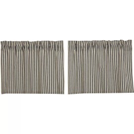 VHC New Primitive Farmhouse WHITE BLACK STRIPED TICKING TIERS Curtains 24"