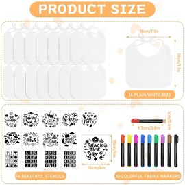 MSYU Baby Shower Activities, 14 Pack White Bibs for Baby with 14 Stencils and 10 Colors Markers, Design A Bib DIY Decorating Kit