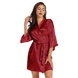 MizzGenio Women's Plus Size Silk Robes Bridesmaid Robes Satin Sleepwear,Wine,2X/3X