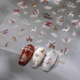 5D Embossed Christmas Nail Art Stickers Crystal Ball Feather Nail Stickers Self-Adhesive White Holly Snowflakes Elk Nail Decals for Women Girls Winter Xmas Holiday Manicure DIY Nail Supplies