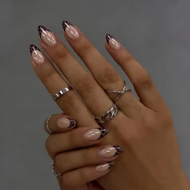 SXVME Uñas postizas cortas de almendra con punta francesa y efecto carey cromado, uñas postizas marrones glaseadas con estampado de leopardo ámbar, uñ