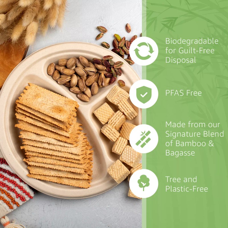 Ibambo Bamboo Disposable Paper Plates - Compostable Plate, PFAS Free