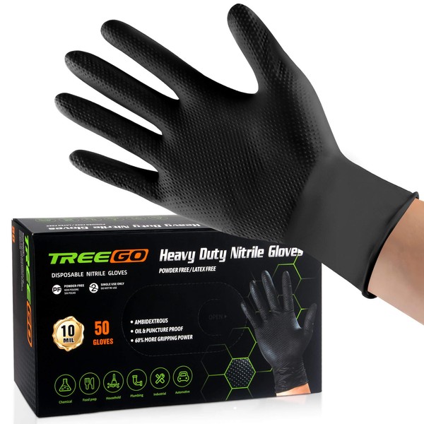TREEGO 10 Mil Black Nitrile Gloves Large, Heavy Duty Disposable,