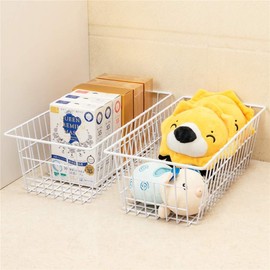 blitzlabs Wire Storage Basket Freezer Organizer Bins Food Storage Metal Baskets with Handles Pantry Organizer for Kitchen Freezer Cabinets Closet Bedroom Bathroom,Set of 4,White