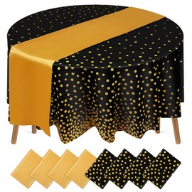 Preboun 4 Sets Satin Table Runner and Plastic Round Tablecloths Set 84 Inch Disposable Gold Polka Dots Table Cover for Wedding Bridal Shower Birthday Party Decorations (Black,Gold)