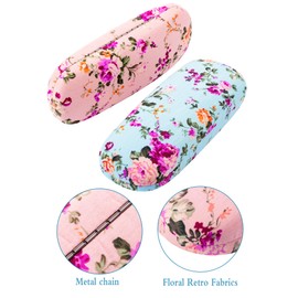 2 Pieces Glasses Case Hard Shell Eyeglass Case for Women Flower Fabrics Floral Retro Portable Eye Glass Case Box for Glasses (Pink, Blue)