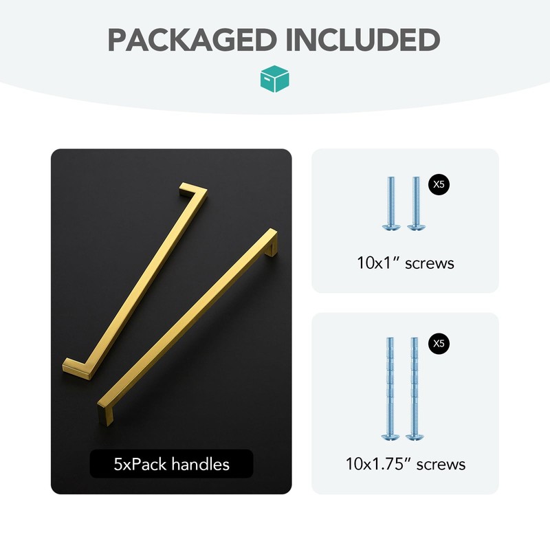 HOME EDIT 5 Pack Gold Square Kitchen Cabinet Handles 12-3/5