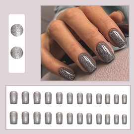 Ceboic 24Pcs Short Press on Nails Square, Black Glitter French Tip False Nails Glossy Acrylic Stick on Nails, Natural Fake Nails Full Cover Glue on Nails for Women Girls Nail Art Decorations