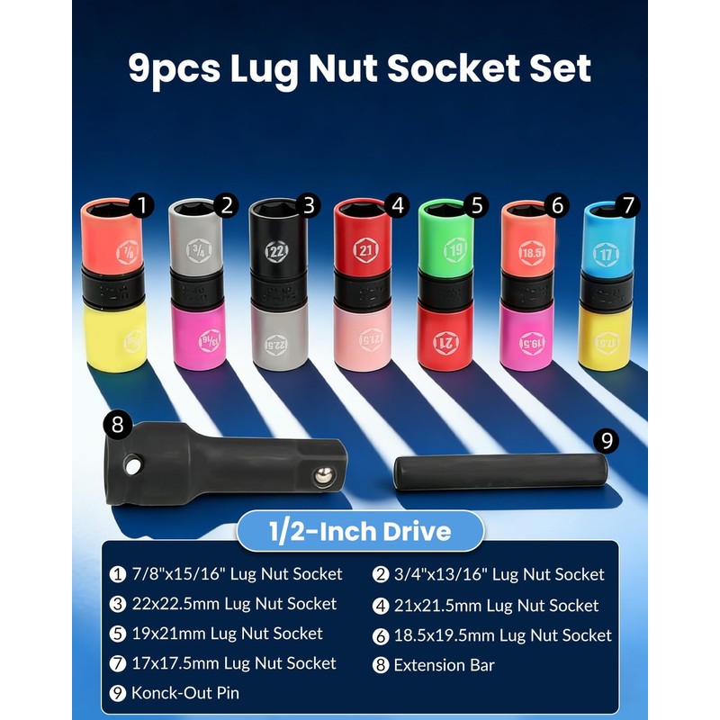 Lug Nut Socket Set 1/2" Drive Impact Half Size Thin