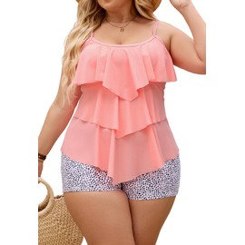B2prity - Traje de baño tankini para mujer, talla grande, control de abdomen, dos piezas, con volantes y pantalones cortos, Rosa, Black Spot, X-Large