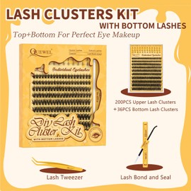 QUEWEL Lash Clusters Kit with Bottom Lashes, Cluster Lashes Kit 10-18mm 3D Wispy Eyelash Clusters Natural Look with Lash Bond and Seal, Lash Applicators for a Charming Eye-Makeup (Bottom&Upper03)
