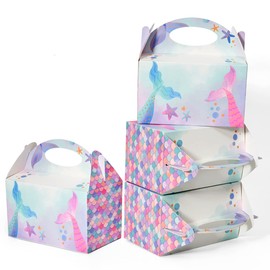 Shallive 12 Pcs Small Party Treat Boxes, 6 Inch Candy Cookie Goodie Gift Bags Gable Box for Kids Birthday Party, Mermaid