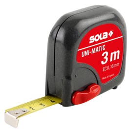 SOLA UNI-MATIC - Tape Measure 3 m / 16 mm - Pocket Tape Measure with Belt Clip - Steel Tape Painted Yellow with mm Scale - Accuracy Class II - Roll Meter with Movable End Hook - Length 3 m/16 mm