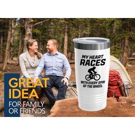 Track Bicycle Racing White Edition Viking Tumbler 20oz - My Heart Races - Bike Lover Mountain Biker Road Racer Sport Trails Bicycle Wheelie Rider Track Gymnast