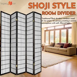 Legacy Decor 5 Panels Room Divider - Portable & Foldable Freestanding Room Privacy Screen - 6ft Tall Shoji Style Dressing Screen - Temporary Wall Partition for Home, Office & Studio - Black
