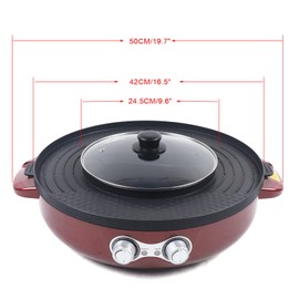 DOONARCES 2-in-1 Electric BBQ Grill Hot Pot Round Electric Grill with Soup Shabu Pot Indoor Smokeless Barbecue Grill with Independent Temp. Control for 2-5 People 110V 2.2KW, Red