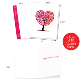 The Best Card Company - 20 Assorted Valentine's Day Cards Bulk (4 x 5.12 Inch) - Boxed Greetings (10 Designs, 2 Each) - Love Trees AM3185VDG-B2x10