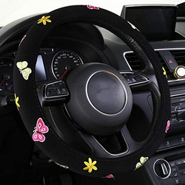 SHAKAR Butterfly Steering Wheel Covers- Embroidery Cute Colorful Steering Decor,Universal 15.2",Black (Black)