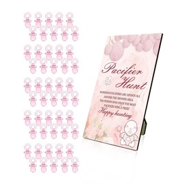 Baby Shower Games, Baby Shower Decorations, 1 Baby Pacifier Hunt Sign and 50 Acrylic Pacifiers for Gender Reveal Games (Pink)