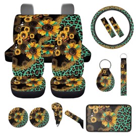 WUYOJUXA Sunflower Car Accessories Full Set Leopard Print Auto Seat Covers Set 14 Pcs Hippie Steering Wheel Cover Armrest Pad Seat Belt Cover Handbrake Gear Cover Keychain Coasters Set for Truck SUV