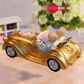 50th Anniversary Wedding Statues Grandparents Parents Gifts Golden Marriage Loving Elderly Couples in Golden Car Collectible Figurines Old Age Life Resin Home Decoration Money Box
