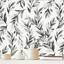 Erfoni Green Leaf Wallpaper Peel and Stick Wallpaper Floral Contact Paper 17.7inch x 78.7inch Greenery Leaves Self Adhesive Wallpaper Peel and Stick Olive Botanical Flowers Wall Paper Vinyl Film