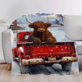 KAFFUL Highland Cow Blanket, Brown Cow in Red Truck, Women's Gift, Winter Snowflakes Farmhouse Decor, 50"x40"