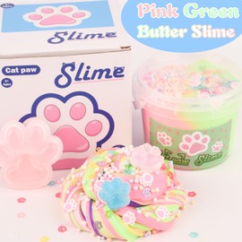 Pink Green Cat's Paw Butter Slime Kit, with Fun Cat's Paw Slime Add Ins, Soft Non-Sticky, Fidget Toys Scented Slime Kit for Kids, Birthday Gifts for Boys & Girls, Classroom Rewards (300 ml)