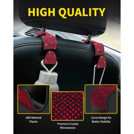 MEALAM 4 Pack Blink Diamond Car Seat Headrest Hooks Crystal Rhinestone Car Purse Holder Universal Car Interior Accessories for Handbags Water Bottles Purse Coats Umbrellas, Red