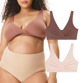 Motherhood Maternity Women's Soft Cotton Spandex Wrap Front Maternity & Nursing Sleep Bralette Bra S-3X, Porcelain Pink/Nutmeg 2 Pack, X-Large