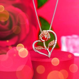 Klurent Rose Necklace for Women, Christmas Necklace with Gift Box, Rose Gold Flower Silver Heart Pendant Unique Necklaces Gift for Wife, Mom, Girlfriend on Christmas, Birthday, Anniversary