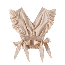 LYANER Women's V Neck Ruffle Cap Sleeve Shirred Hem Blouse Crop Tank Top Beige Small