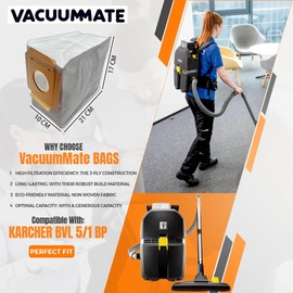 VacuumMate 10 Vacuum Cleaner Dust Bags Compatible with Kärcher BVL 5/1 BP Backpack Non-Woven Fabric, VM-Bvl-5-1