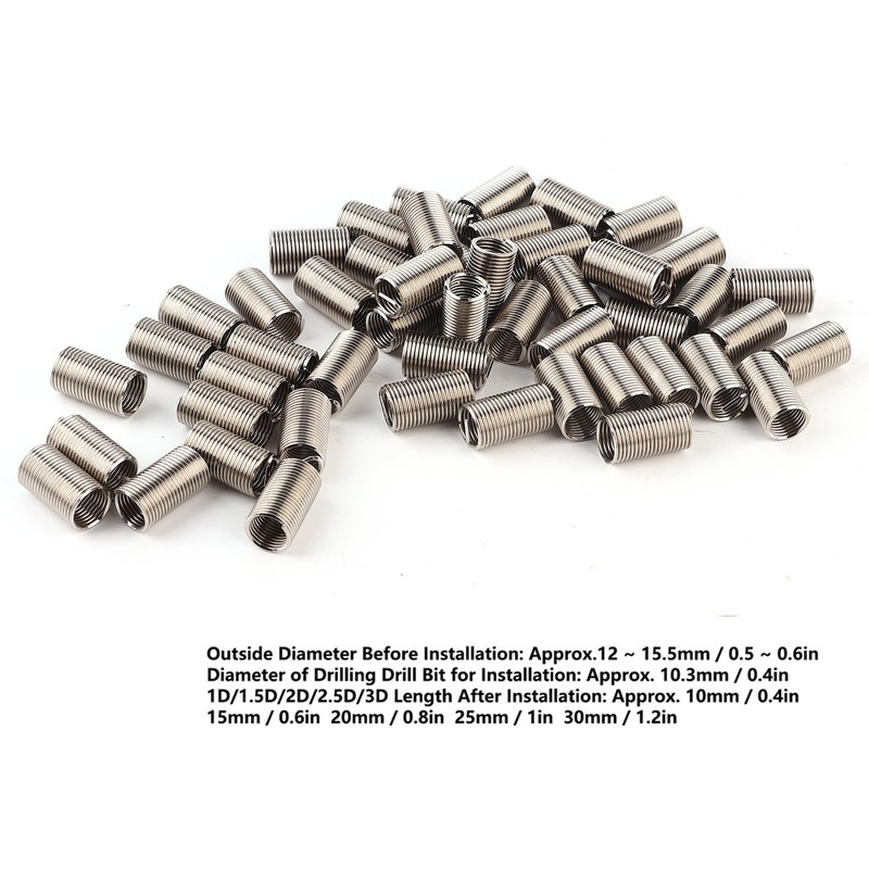 50Pcs Thread Inserts M10X1.25 Helicoil Inserts Fastener Stainless Steel Tool
