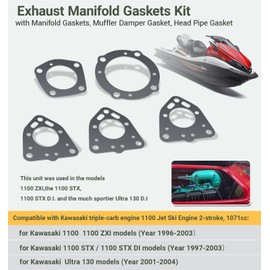 Exhaust Manifold Gaskets Repair Kit, for Kawasaki 1100 ZXI/STX and for Kawasaki Ultra 130 Models, Jet Skis Exhaust Repair Kit with Manifold Gaskets, Muffler Damper Gasket, Head Pipe Gasket