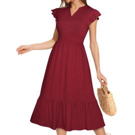 YIOYOLA Midi Dresses for Women 2025 Casual with Pockets Ruffle Sleeve Notched Neck A Line Tiered Boho Beach Summer Sundresses(YYL329-Burgundy,M)