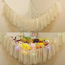 Stuffed Animals Net or Hammock with LED Light, Toy Hammock Net with Tassels Hanging Stuffed Animals Storage Holder Room Décor for Nursery Kids Bedroom (White)