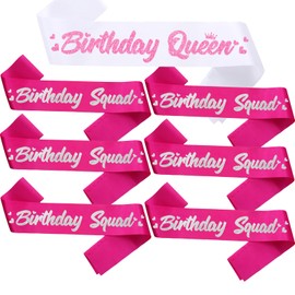 FSJJLLU 7 Pieces Birthday Sashes Kit, Hot Pink Birthday Queen Sash and Squad Sashes for Girl or Women Funny Party Favors Decorations for Sweet 16 18th 21st 25th 30th 40th 50th or Other Bday