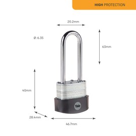 Yale Y125B/40/163/1 - Laminated Steel Long Shackle Padlock (40mm) - Outdoor Hardened Steel Shackle Lock for Shed, Gate, Chain - 3 Keys - HIGH Security, Silver