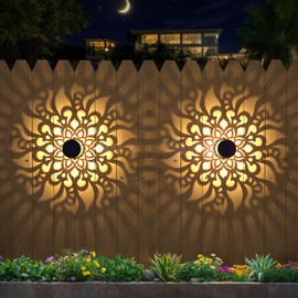 EKQ Solar Fence Lights 2 Pack Outdoor Deck Step Wall Lights Metal Waterproof LED Warm Yellow Light for Garden Post Patio Backyard Yard Decor (Mandala-2)