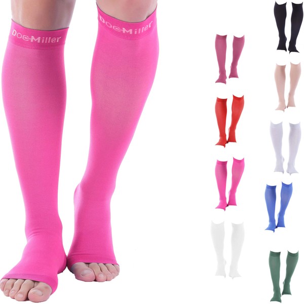 Doc Miller Open Toe Compression Socks, 15-20 mmHg, Toeless Compression Socks Women and Men for Maternity, Shin Splints & Calf Recovery, 1 Pair Pink Knee High Small