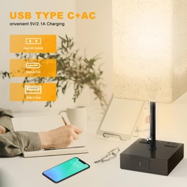 Table Lamp for Bedroom with USB,Nightstand Lamp for Bedside with USB C+A Charging Ports & AC Outlets, Adjustable 3color LED Light for Home Decor/Nightstand/Bedroom/Office ,Included Bulb and Lamp Shade