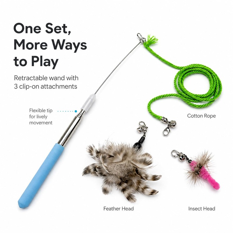 ZAYLUMO Cat Wand Toy Set, Retractable Stainless Steel Wand with