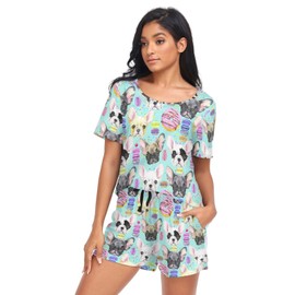 Ollabaky Pajama Set for Women Dog French Bulldog Puppy Pjs Set Short Sleeve Sleepwear Women's Lounge Pajama Set, L
